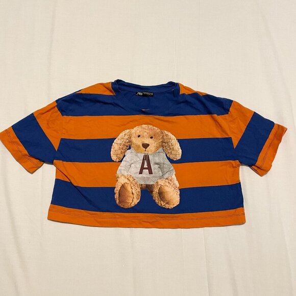 Zara Striped Teddy Bear Print Crop Top Womens Size Medium - Picture 1 of 16